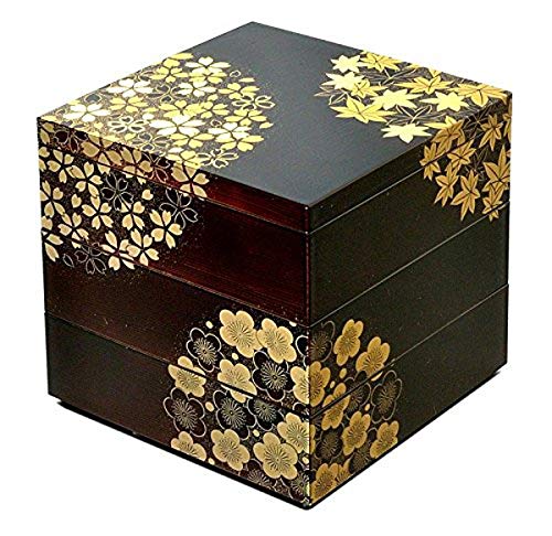 Amazon｜北市漆器店 重箱 溜 12X12X12cm 花丸春秋4.0三段重(溜